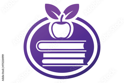 Modern education logo conveying knowledge and growth, featuring books and apple in purple gradient, ideal for schools and learning centers