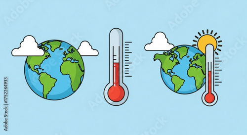 Collection of vector illustrations showing global warming with earth and thermometer, climate change concept on a blue background
