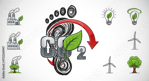 Illustration showing the reduction of carbon dioxide emissions with factories, trees, windmills, and footprints