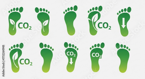Collection of green footprint icons with leaf and co2 symbols, representing ecofriendly and sustainable practices