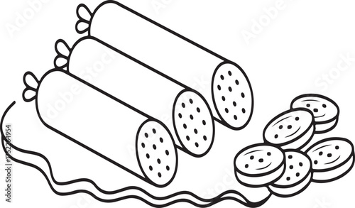 Three sausages and sliced sausage pieces on a wavy surface meat food