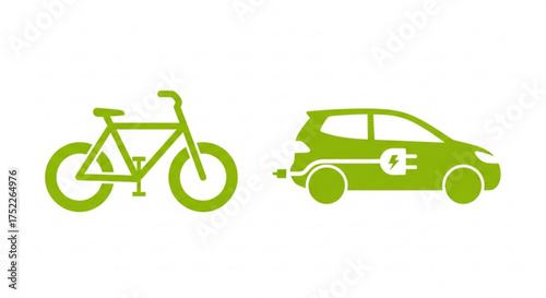 Green electric car and bicycle, ecological transport concept, environmental protection, eco friendly vehicle