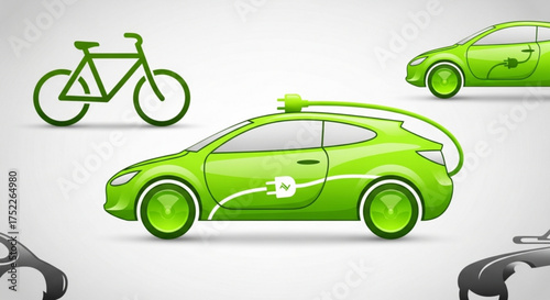 Green electric car and bicycle, ecological transport concept, environmental protection, eco friendly vehicle