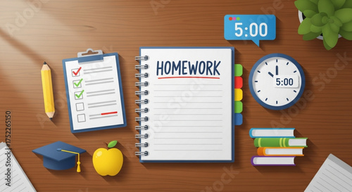 Homework concept with notebook, pencil, apple, clock, books, graduation cap on wooden table, back to school and education illustration
