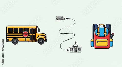 Illustration of a school bus route from home to school and a backpack, for back to school concept