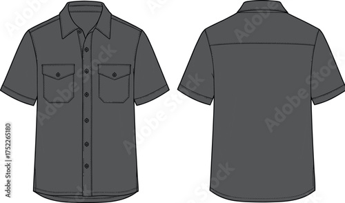 Short sleeve shirt illustration, technical fashion flat, button up design, classic collar, chest pockets, cuffed sleeves, curved hem, back yoke