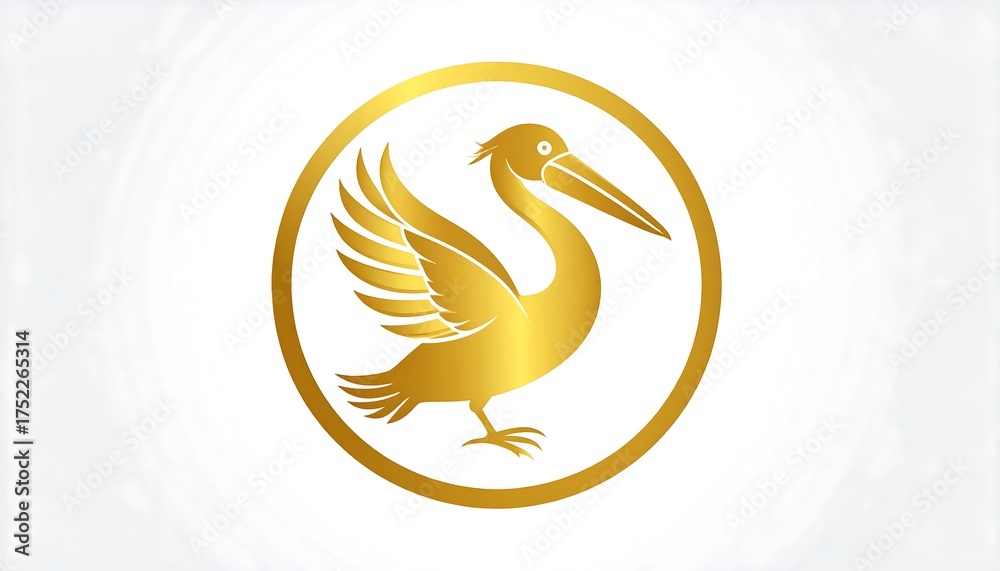 Obraz premium A golden bird emblem, likely a pelican, within a circular frame on a white and subtly textured background, evoking elegance