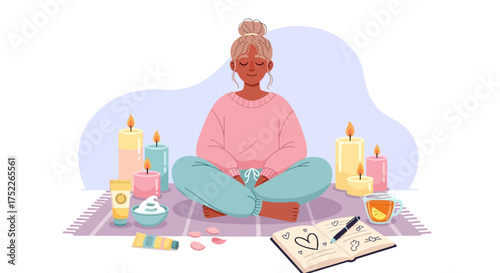 Relaxation and Self Care — Woman Meditating with Candles, Tea, and Journal at Home