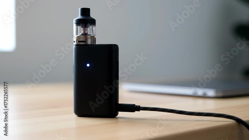 Modern vape device on wooden table with laptop blurred background