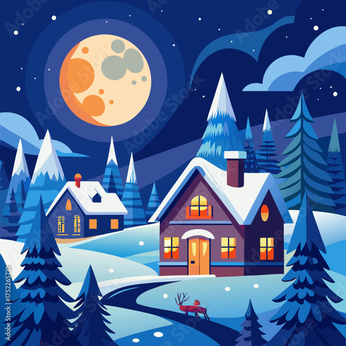 Cozy winter night snow landscape with moonlit houses and pine trees vector art