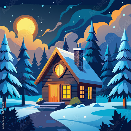 Cozy wooden cabin in snowy forest winter night landscape vector illustration