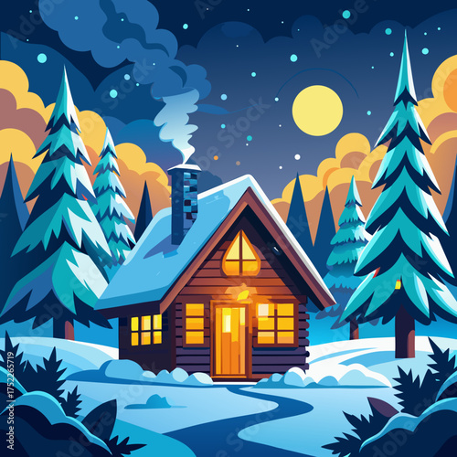 Cozy wooden cabin in snowy forest at night illuminated by moonlight and warm lights