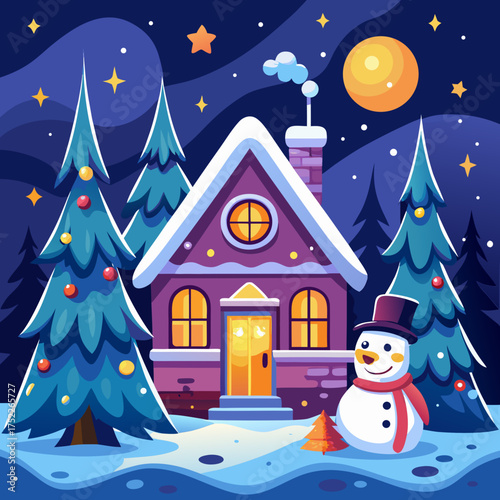 Charming cartoon winter house snowy pine trees snowman night sky moon stars
