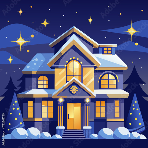 Elegant modern house decorated with golden christmas lights under a starry night sky