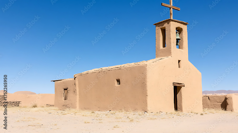 Fototapeta premium Desert Chapel: Simple adobe church with cross against a vast, clear blue sky. Located in an arid, desolate landscape with minimal vegetation.