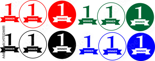 Collection of circular badges featuring the number 1 and the word WINNER on a ribbon, in various colors including red, green, black, and blue.