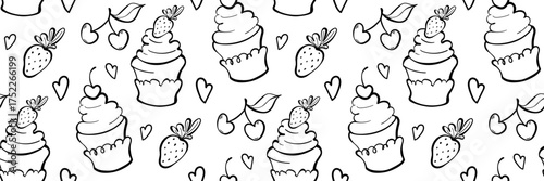 Outline seamless pattern of cupcake with frosting, cherry, strawberry and heart in clean outline. Ideal for bakery branding, wrapping, textile, card, coloring page. Vector doodle illustration.