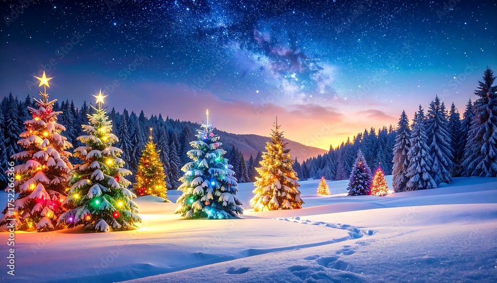 Obraz premium A nighttime winter scene showcasing snow-covered evergreens with glowing string lights and stars. The path in the snow leads the way