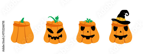 Set of orange Halloween round pumpkins with scary faces