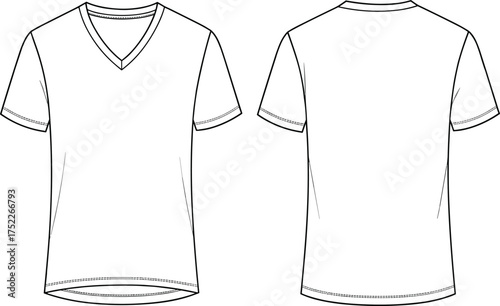 V neck T shirt illustration, technical fashion flat, short sleeve design, plain casual top, clean lines, everyday wear, garment construction