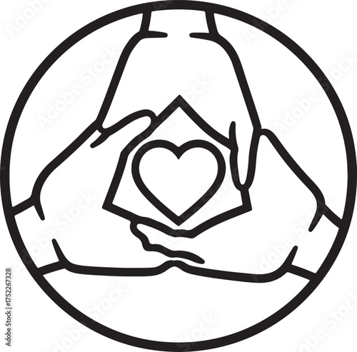 Black and White Line Art Icon of Three Hands Protecting a Heart Within a Square circle love
