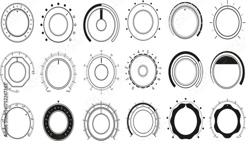 A comprehensive set of black and white circular control knob and dial icons for user interface design, featuring various styles of regulators and switches for volume or settings adjustment