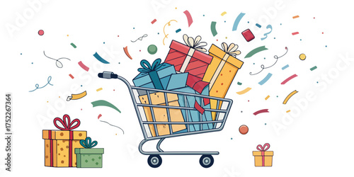 Shopping cart overflowing with colorful gifts and confetti celebration