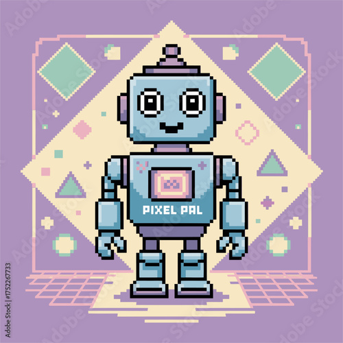 pixel pal robot, geometric shapes background, cute blue droid, nostalgic video game style, classroom poster, vector artwork
