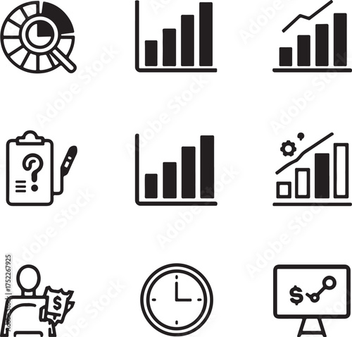 Collection of nine black and white icons representing business, finance, and data analysis concepts on a white background