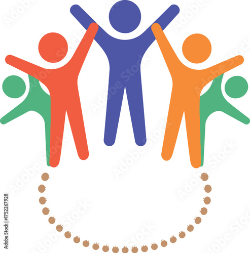 Colorful Icon of Five Diverse People Holding Hands in a Circle with Decorative Base diversity unity