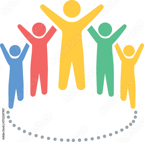 Diverse group of stylized people with arms raised in celebration connected by a dotted line on a white background