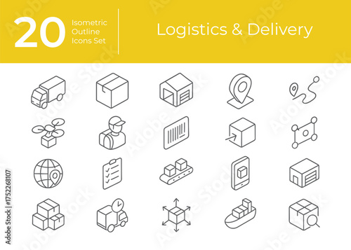 Isometric Logistics and Delivery Outline Icon Set Minimalist Vector Icons for E-commerce and Shipping Design