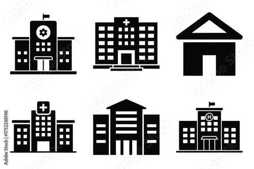 Hospital building silhouette vector icon set