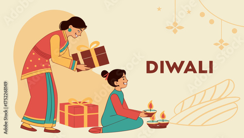 Joyful Diwali celebration with traditional gifts and glowing diyas, a heartwarming scene of cultural heritage and festive cheer perfect for holiday promotions