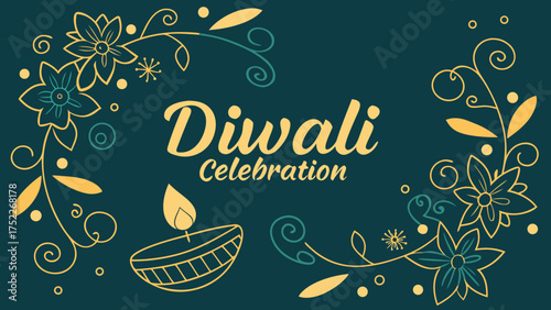 Celebrate Diwali with this festive design featuring glowing diya lamps and elegant floral ornaments, perfect for invitations and holiday greetings