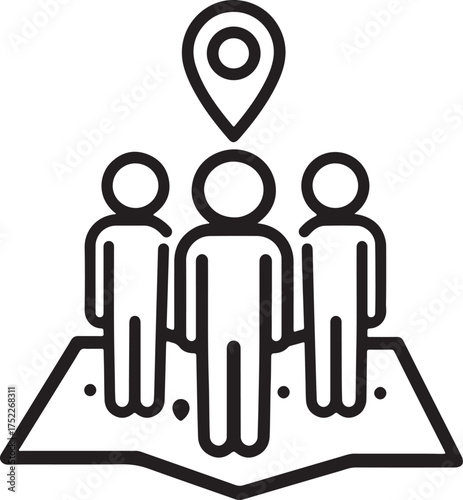 Line art icon of three people standing on a map with a location pin above them on a white background