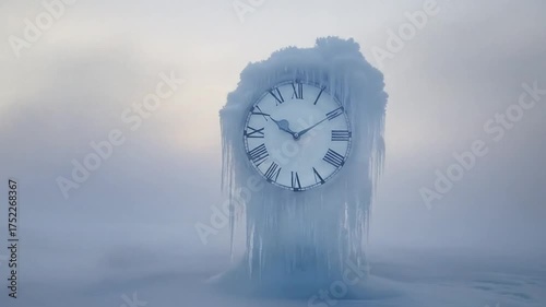Clock encased in ice abstract concept of time and freezing conditions
