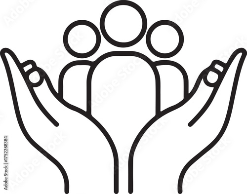 Minimalist Line Drawing Icon of Hands Protecting a Group of People Silhouettes vector illustration