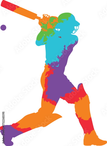Multi-colored Abstract Silhouette of a Cricket Player Hitting a Ball batsman batting