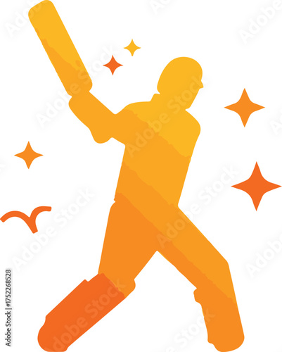 Orange gradient silhouette of a cricket player hitting a ball with stars and a bird graphic batsman
