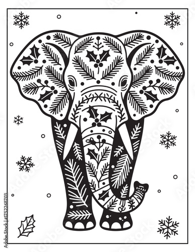 Whimsical christmas elephant decorated with holly and pine branches surrounded by snowflakes