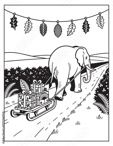 Whimsical elephant pulling a sleigh laden with gifts on a snowy path