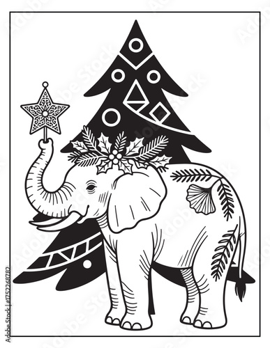 Whimsical elephant decorates Christmas tree with star topper festive holiday scene