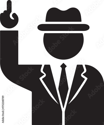 Person in Suit and Hat with Raised Index Finger Icon on White Background figure silhouette