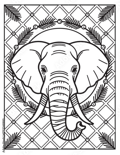 Detailed line art elephant head with decorative wreath and geometric pattern coloring page for adults