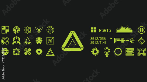 Vector art of a futuristic display of green symbols on a, showcasing a variety of abstract shapes, icons, and glyphs reminiscent of science fiction interfaces