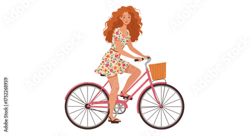 Woman with red hair riding a pink bicycle with a basket, wearing floral dress, vector