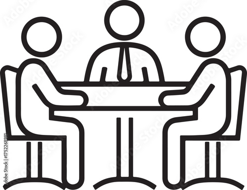 Simple outline icon of three people sitting at a table with one person wearing a tie on a white background