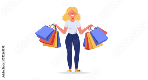 Happy woman holding shopping bags Smiling shopper with purchases in hand, vector graphic