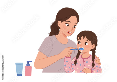 A mother assisting her young daughter with brushing her teeth, promoting oral hygiene.